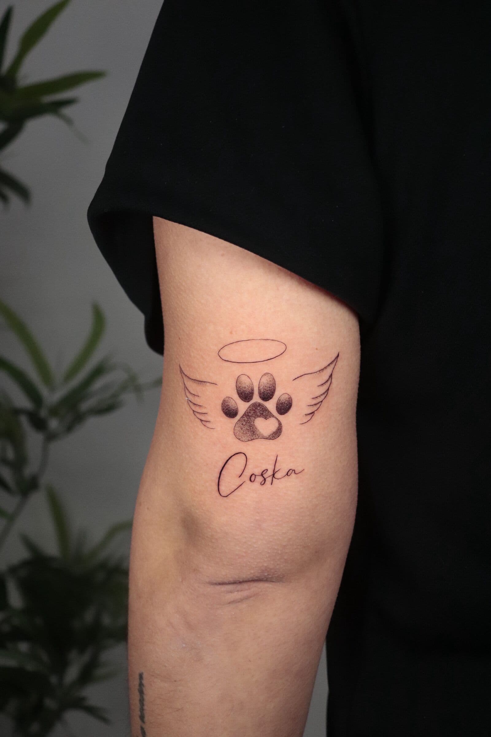 Pfote mit Namen, Tattoo am Oberarm
